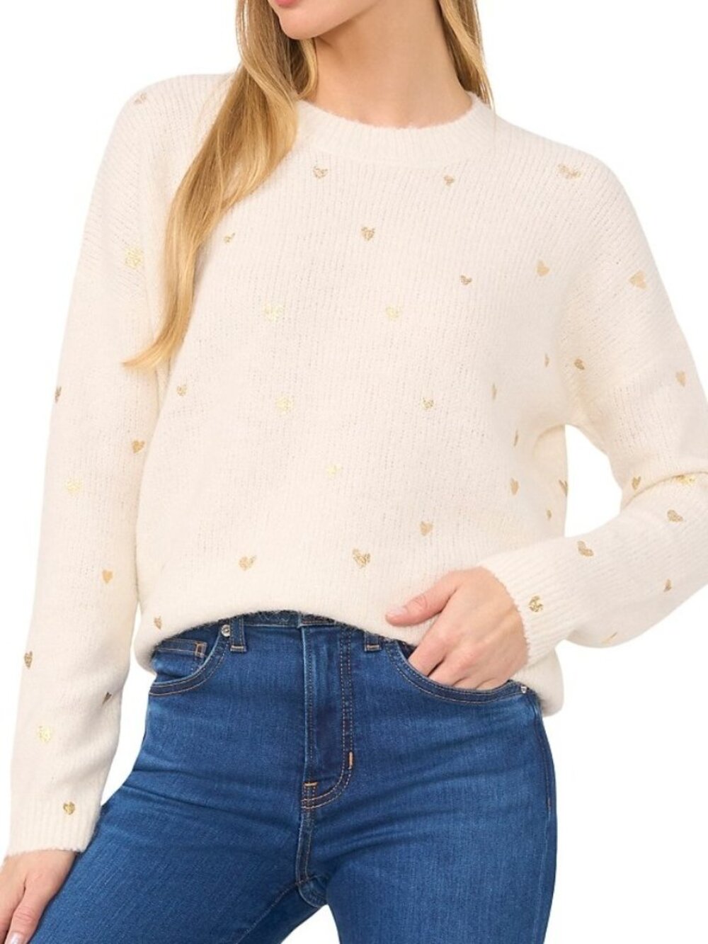 CeCe Women's Size S Foiled Heart Crew Neck Pullover Cream Gold Sweater NEW